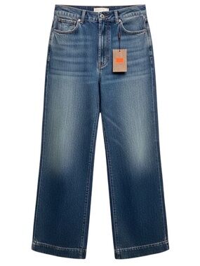 ETRO DARK BLUE WASH FIVE POCKET WIDE LEG EMBROIDERED POCKET COTTON JEANS